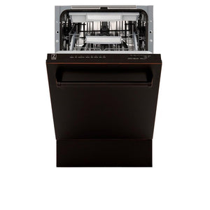 ZLINE 18 in. Tallac Series 3rd Rack Top Control Dishwasher with a Stainless Steel Tub with Oil-Rubbed Bronze Panel, 51dBa (DWV-ORB-18) front, half open.
