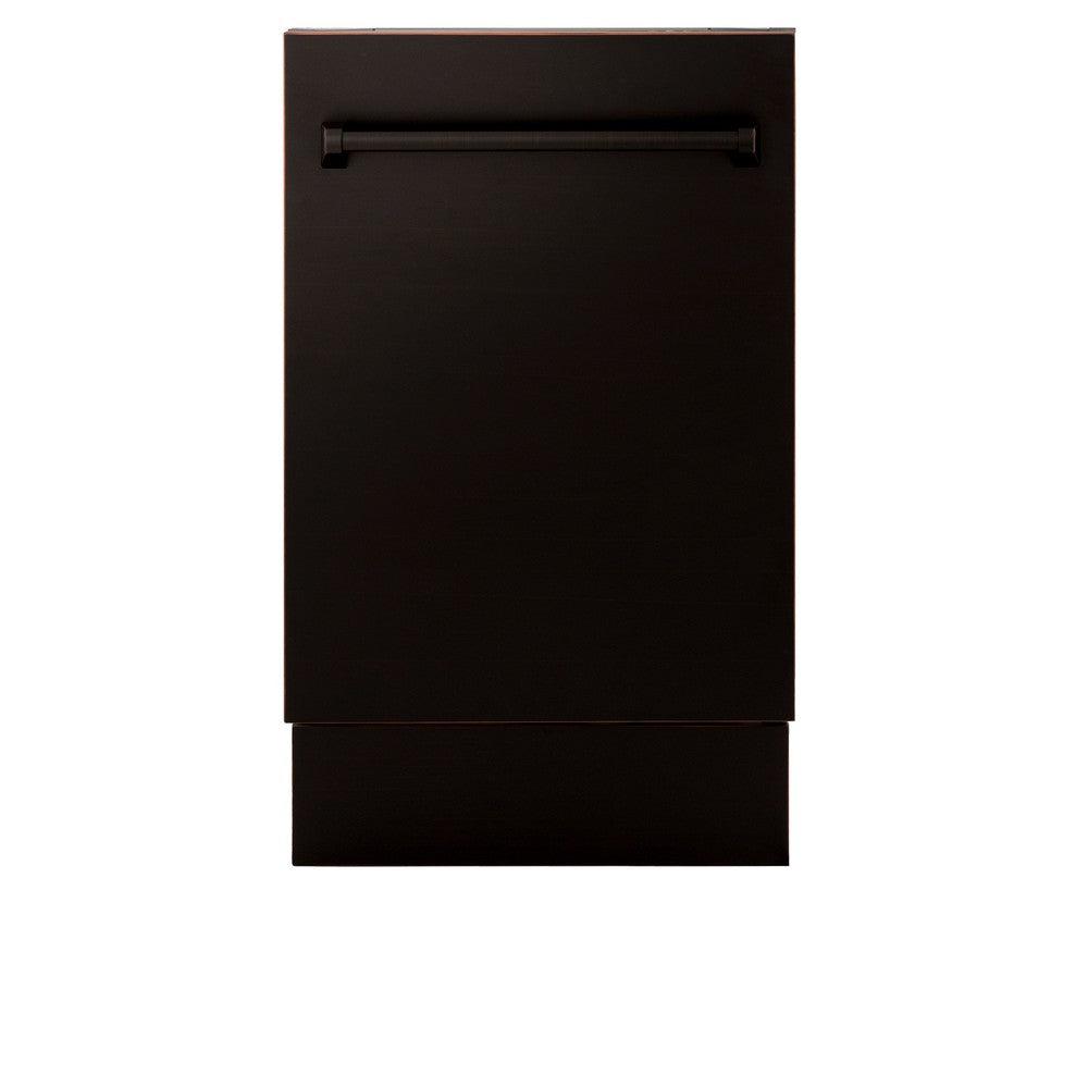 ZLINE 18 in. Tallac Series 3rd Rack Top Control Dishwasher with a Stainless Steel Tub with Oil-Rubbed Bronze Panel, 51dBa (DWV-ORB-18) front, closed.