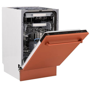 ZLINE 18 in. Tallac Series 3rd Rack Top Control Dishwasher with a Stainless Steel Tub with Copper Panel, 51dBa (DWV-C-18) side, half open.
