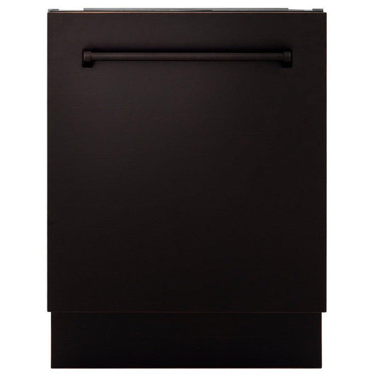 ZLINE 24 in. Tallac Series 3rd Rack Dishwasher with Oil-Rubbed Bronze Panel and Traditional Handle, 51dBa (DWV-ORB-24) front, closed.