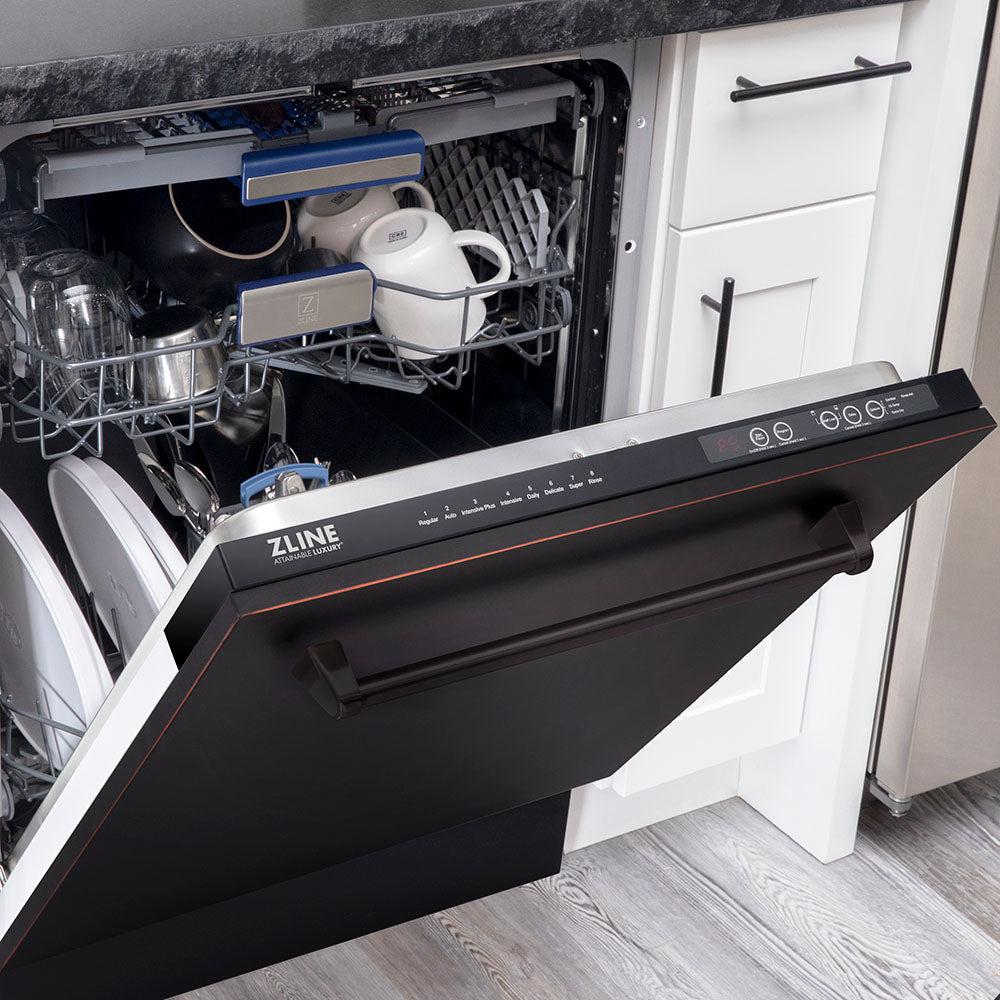 ZLINE 24 in. Tallac Series 3rd Rack Dishwasher with Oil-Rubbed Bronze Panel and Traditional Handle, 51dBa (DWV-ORB-24) half open with dishes inside in a kitchen with white cabinets and stone countertops.