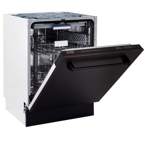 ZLINE 24 in. Tallac Series 3rd Rack Dishwasher with Oil-Rubbed Bronze Panel and Traditional Handle, 51dBa (DWV-ORB-24) side, half open.