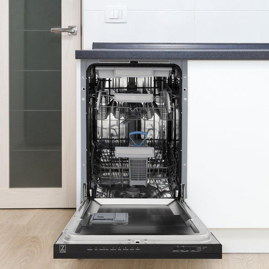 ZLINE 18 in. Tallac Series 3rd Rack Top Control Dishwasher with a Stainless Steel Tub with Black Matte Panel, 51dBa (DWV-BLM-18) lifestyle, in a luxury kitchen, open.