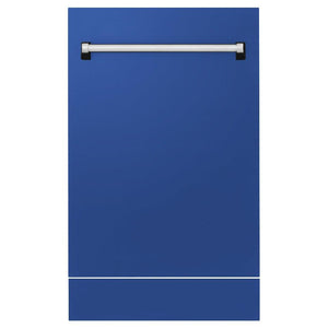 ZLINE 18 in. Tallac Series 3rd Rack Top Control Dishwasher with a Stainless Steel Tub with Blue Matte Panel, 51dBa (DWV-BM-18) front, with kickplate.