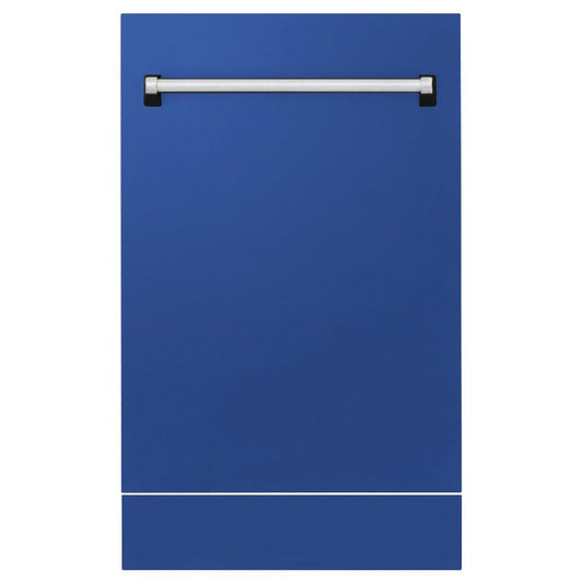 ZLINE 18 in. Tallac Series 3rd Rack Top Control Dishwasher with a Stainless Steel Tub with Blue Matte Panel, 51dBa (DWV-BM-18) front, with kickplate.