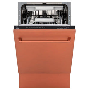 ZLINE 18 in. Tallac Series 3rd Rack Top Control Dishwasher with a Stainless Steel Tub with Copper Panel, 51dBa (DWV-C-18) front, half open.
