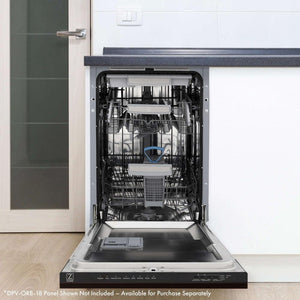 ZLINE 18 in. Tallac Series 3rd Rack Top Control Dishwasher in Custom Panel Ready with Stainless Steel Tub, 51dBa (DWV-18) with an oil-rubbed bronze panel in a kitchen.