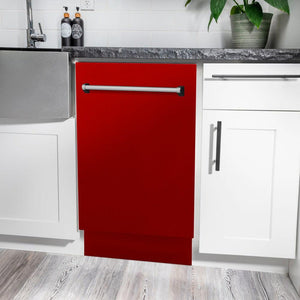 ZLINE 18 in. Tallac Series 3rd Rack Top Control Dishwasher with a Stainless Steel Tub with Red Gloss Panel, 51dBa (DWV-RG-18) in a kitchen with white cabinets and stone countertops.