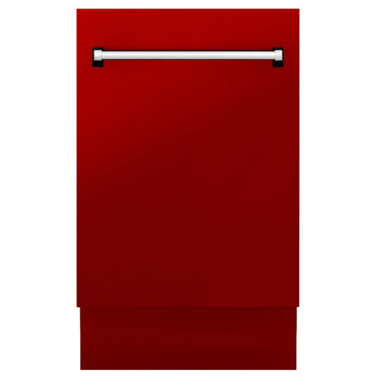 ZLINE 18 in. Tallac Series 3rd Rack Top Control Dishwasher with a Stainless Steel Tub with Red Gloss Panel, 51dBa (DWV-RG-18) front, closed.