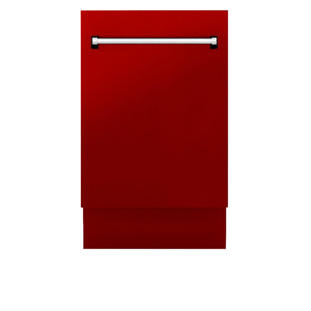 ZLINE 18 in. Tallac Series 3rd Rack Top Control Dishwasher with a Stainless Steel Tub with Red Gloss Panel, 51dBa (DWV-RG-18) front, closed.