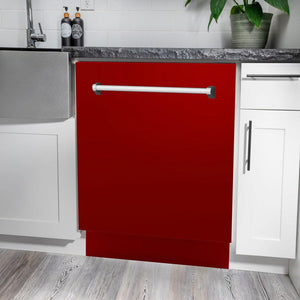 ZLINE 24 in. Tallac Series 3rd Rack Dishwasher with Red Gloss Panel and Traditional Handle, 51dBa (DWV-RG-24) in a kitchen with white cabinets and stone countertops.