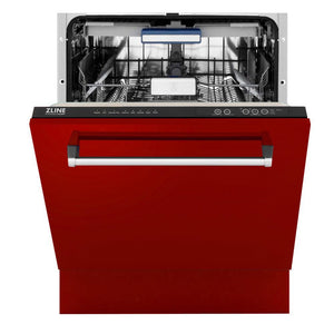 ZLINE 24 in. Tallac Series 3rd Rack Dishwasher with Red Gloss Panel and Traditional Handle, 51dBa (DWV-RG-24) front, half open.