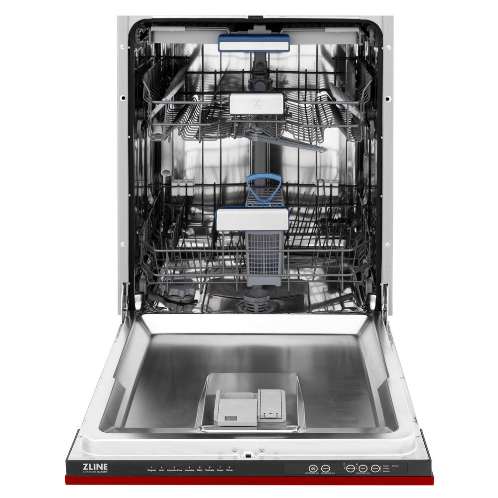 ZLINE 24 in. Tallac Series 3rd Rack Dishwasher with Red Gloss Panel and Traditional Handle, 51dBa (DWV-RG-24) front, door open.