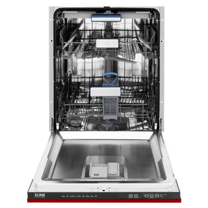 ZLINE 24 in. Tallac Series 3rd Rack Dishwasher with Red Gloss Panel and Traditional Handle, 51dBa (DWV-RG-24) front, door open.