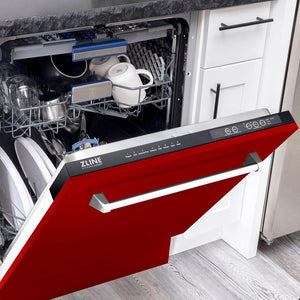 ZLINE 24 in. Tallac Series 3rd Rack Dishwasher with Red Gloss Panel and Traditional Handle, 51dBa (DWV-RG-24) half open with dishes inside in a kitchen with white cabinets and stone countertops.