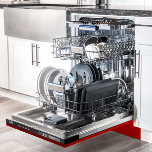 ZLINE 24 in. Tallac Series 3rd Rack Dishwasher with Red Gloss Panel and Traditional Handle, 51dBa (DWV-RG-24) side, open, in a luxury kitchen with dishes loaded on racks.