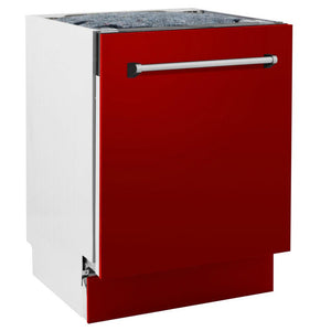 ZLINE 24 in. Tallac Series 3rd Rack Dishwasher with Red Gloss Panel and Traditional Handle, 51dBa (DWV-RG-24) side, closed.