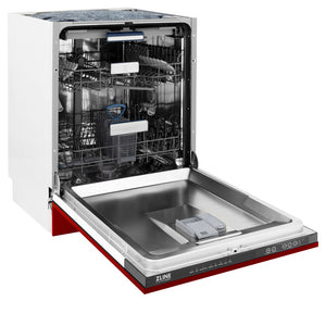 ZLINE 24 in. Tallac Series 3rd Rack Dishwasher with Red Gloss Panel and Traditional Handle, 51dBa (DWV-RG-24) side, open.