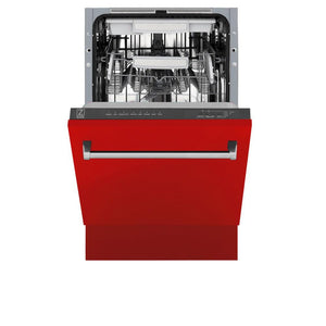 ZLINE 18 in. Tallac Series 3rd Rack Top Control Dishwasher with a Stainless Steel Tub with Red Matte Panel, 51dBa (DWV-RM-18) front, half open.