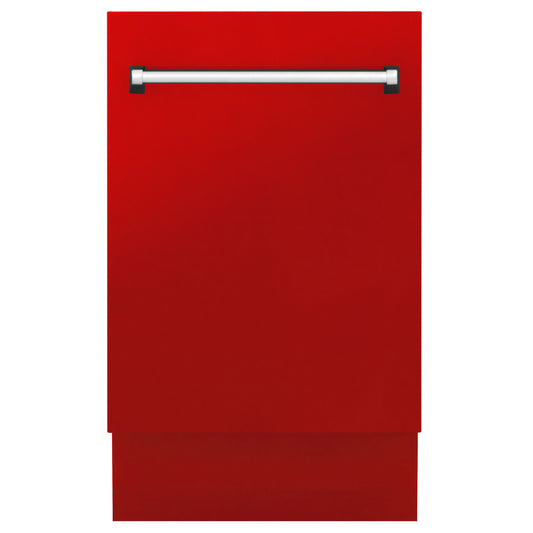 ZLINE 18 in. Tallac Series 3rd Rack Top Control Dishwasher with a Stainless Steel Tub with Red Matte Panel, 51dBa (DWV-RM-18) front, closed.