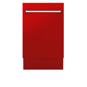 ZLINE 18 in. Tallac Series 3rd Rack Top Control Dishwasher with a Stainless Steel Tub with Red Matte Panel, 51dBa (DWV-RM-18) front, closed.