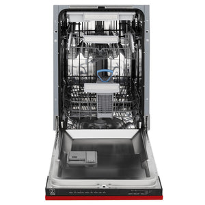 ZLINE 18 in. Tallac Series 3rd Rack Top Control Dishwasher with a Stainless Steel Tub with Red Matte Panel, 51dBa (DWV-RM-18) front, open.