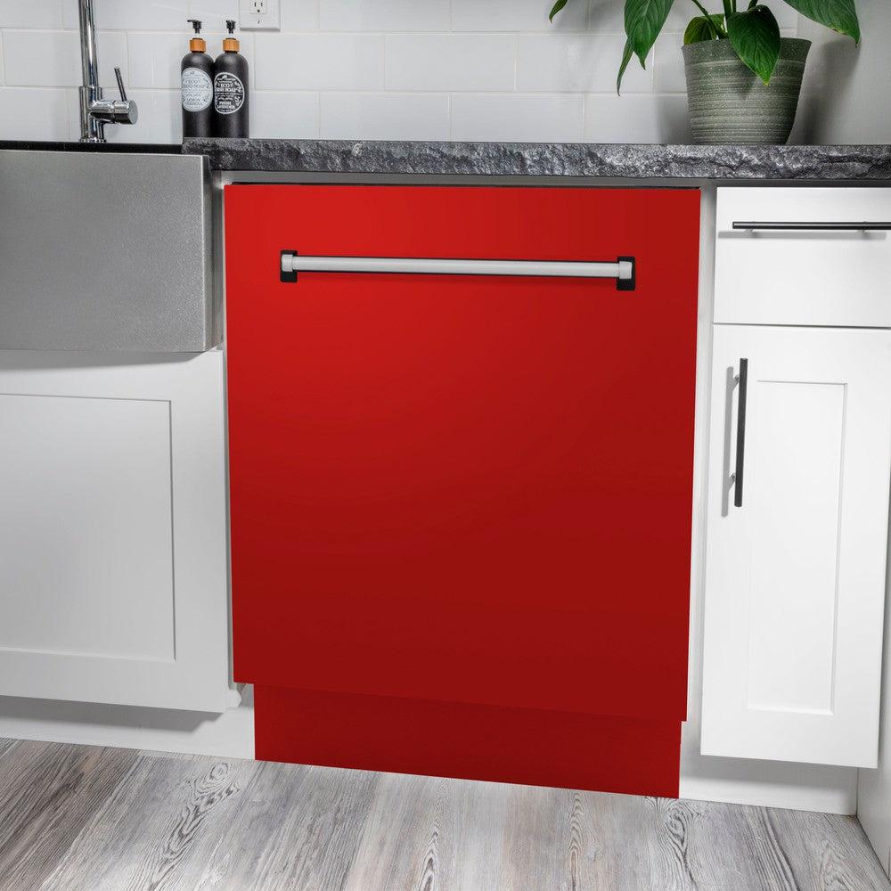 ZLINE 24 in. Tallac Series 3rd Rack Dishwasher with Red Matte Panel and Traditional Handle, 51dBa (DWV-RM-24) in a kitchen with white cabinets and stone countertops.