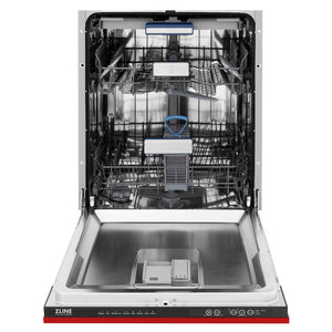 ZLINE 24 in. Tallac Series 3rd Rack Dishwasher with Red Matte Panel and Traditional Handle, 51dBa (DWV-RM-24) front, open.