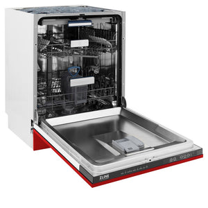 ZLINE 24 in. Tallac Series 3rd Rack Dishwasher with Red Matte Panel and Traditional Handle, 51dBa (DWV-RM-24) side, open.