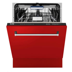 ZLINE 24 in. Tallac Series 3rd Rack Dishwasher with Red Matte Panel and Traditional Handle, 51dBa (DWV-RM-24) front, half open.