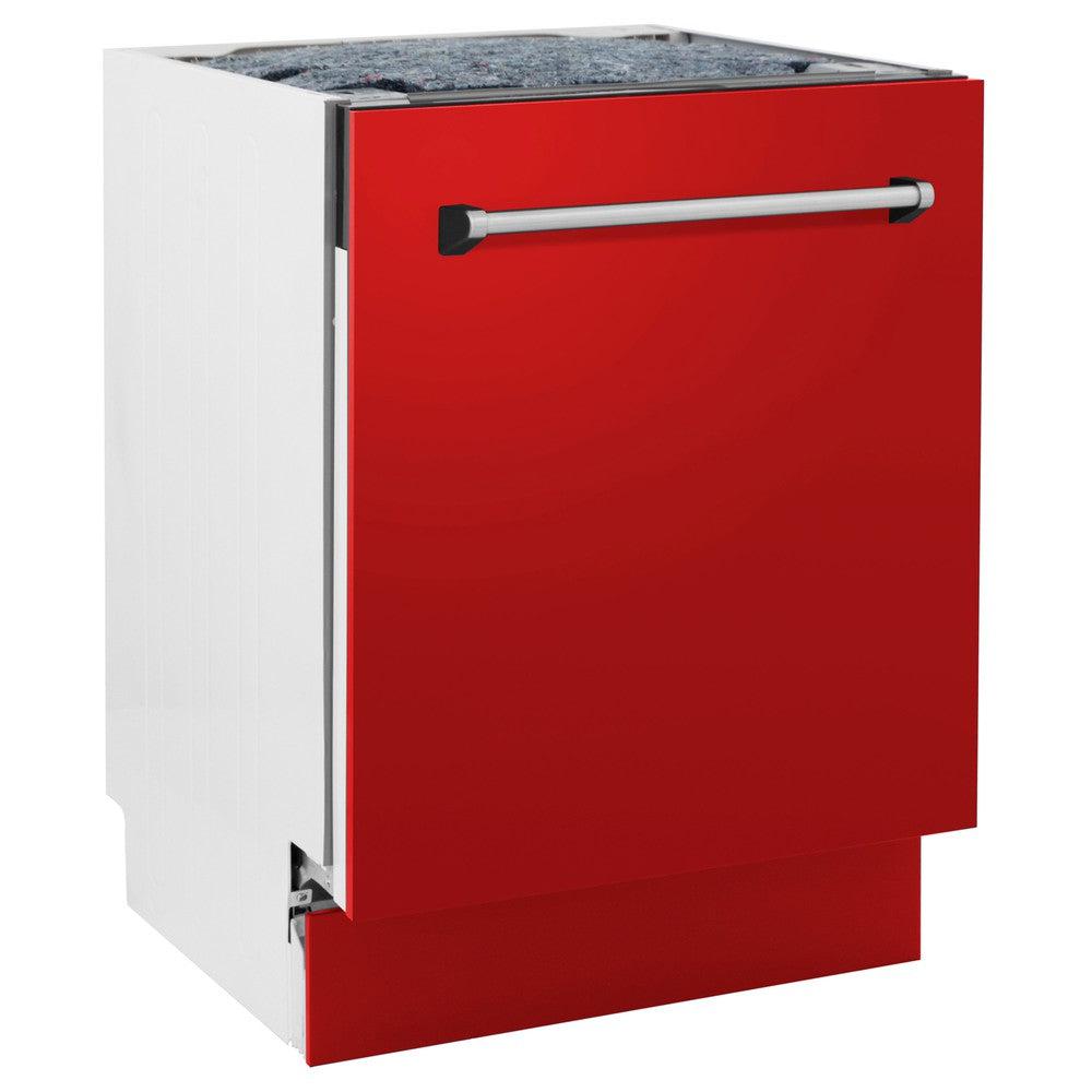 ZLINE 24 in. Tallac Series 3rd Rack Dishwasher with Red Matte Panel and Traditional Handle, 51dBa (DWV-RM-24) side, closed.