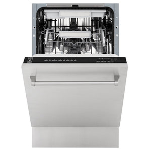 ZLINE 18 in. Tallac Series 3rd Rack Top Control Dishwasher in a Stainless Steel Tub and Panel, 51dBa (DWV-304-18) front, half open.