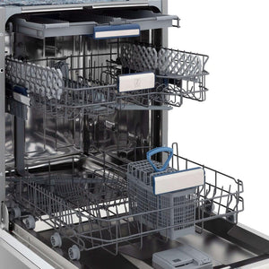 Three dish racks inside ZLINE dishwasher with stainless steel tub.