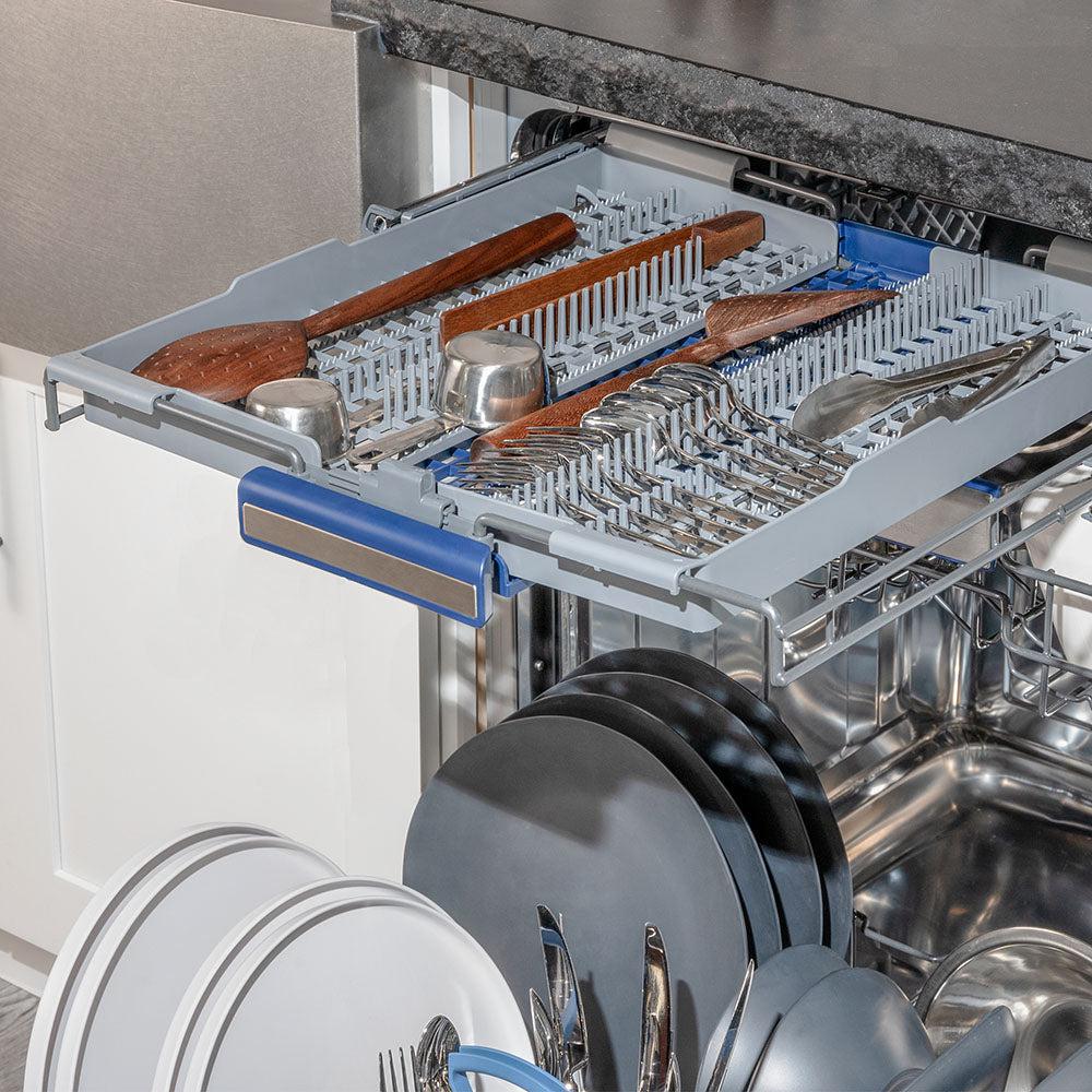 Utensils on third rack and dishes on bottom rack in dishwasher