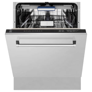 ZLINE 24 in. Tallac Series 3rd Rack Dishwasher in Stainless Steel with Traditional Handle, 51dBa (DWV-304-24) front, half open.