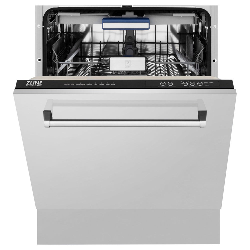 ZLINE 24 in. Tallac Series 3rd Rack Dishwasher in Stainless Steel with Traditional Handle, 51dBa (DWV-304-24) front, half open.