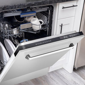 ZLINE 24 in. Tallac Series 3rd Rack Dishwasher in Stainless Steel with Traditional Handle, 51dBa (DWV-304-24) built-in to cabinets and loaded with dishes with door half open