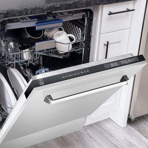 ZLINE dishwasher built-in to cabinets and loaded with dishes with door half open