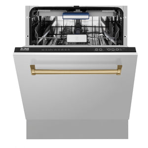 ZLINE Autograph Edition 24 in. 3rd Rack Top Control Tall Tub Dishwasher in Stainless Steel with Champagne Bronze Handle, 51dBa (DWVZ-304-24-CB) front, half open.