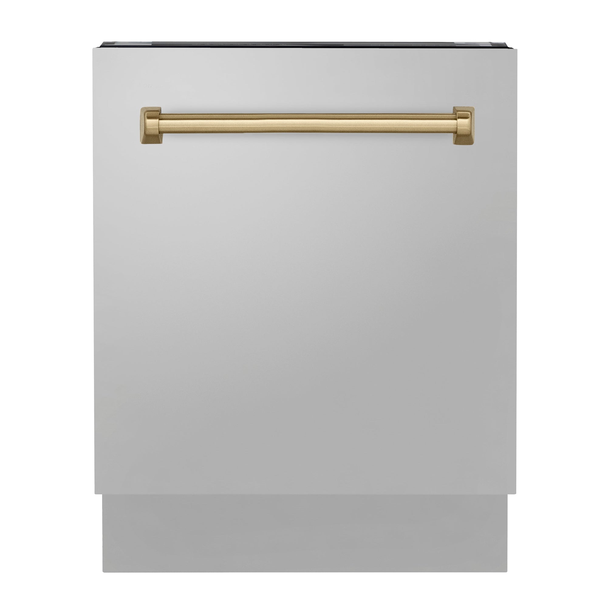 ZLINE Autograph Edition 24 in. 3rd Rack Top Control Tall Tub Dishwasher in Stainless Steel with Champagne Bronze Handle, 51dBa (DWVZ-304-24-CB) front, closed.