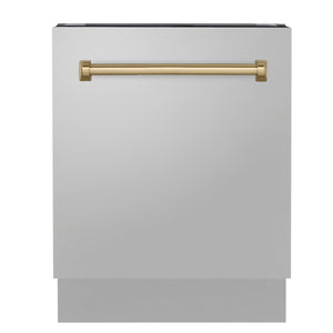 ZLINE Autograph Edition 24 in. 3rd Rack Top Control Tall Tub Dishwasher in Stainless Steel with Champagne Bronze Handle, 51dBa (DWVZ-304-24-CB) front, closed.