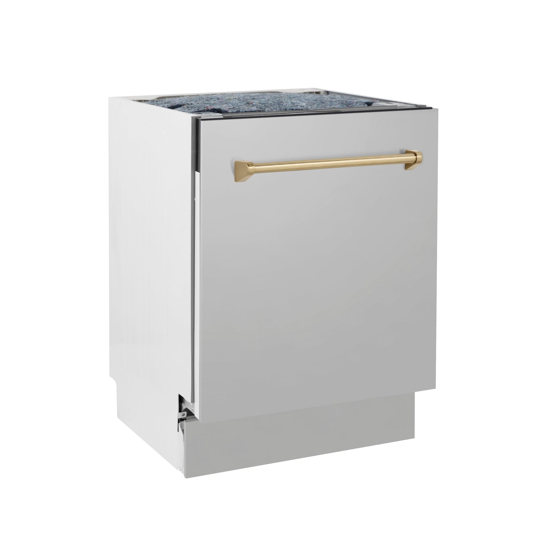 ZLINE Autograph Edition 24 in. 3rd Rack Top Control Tall Tub Dishwasher in Stainless Steel with Champagne Bronze Handle, 51dBa (DWVZ-304-24-CB) side, closed.