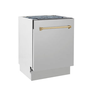 ZLINE Autograph Edition 24 in. 3rd Rack Top Control Tall Tub Dishwasher in Stainless Steel with Champagne Bronze Handle side.