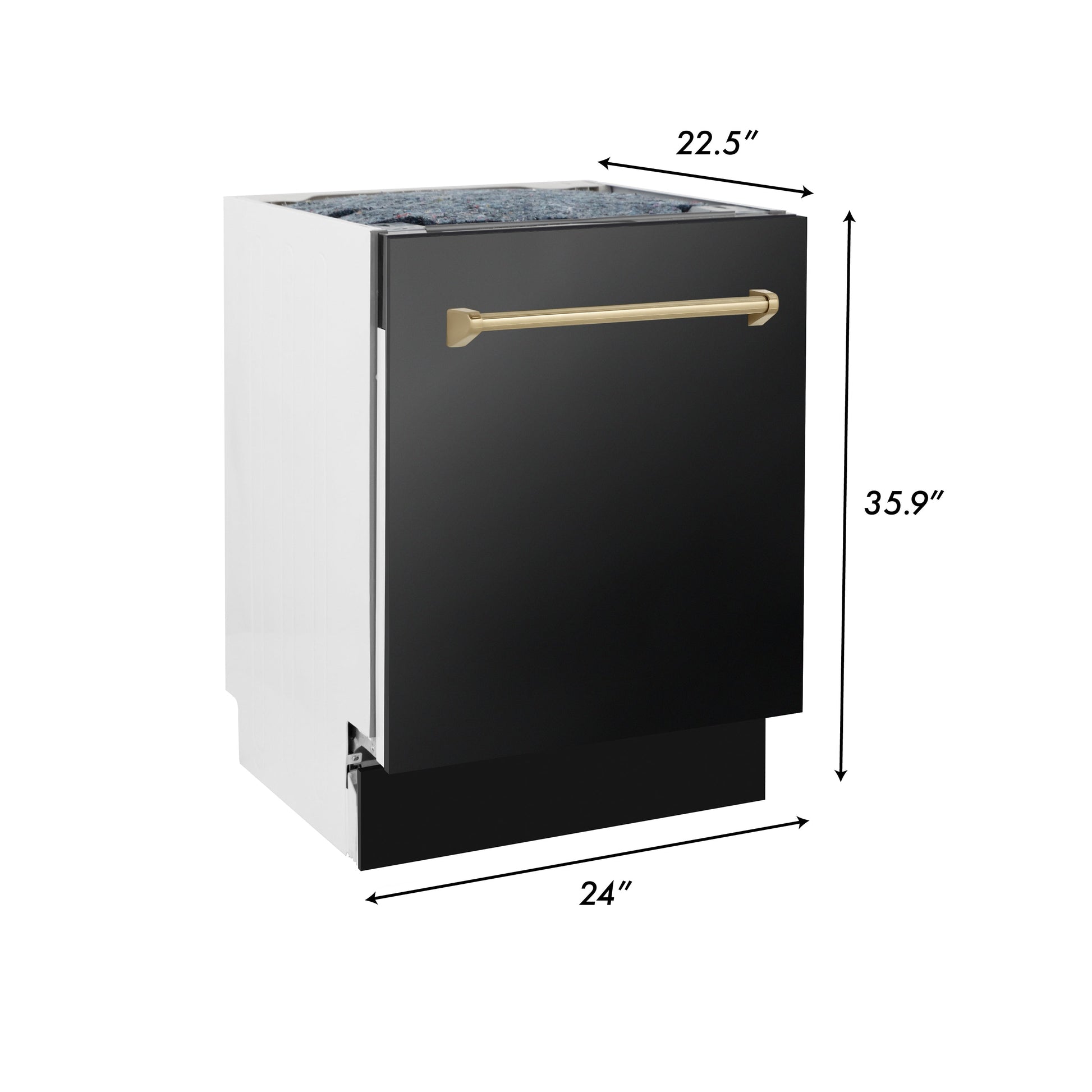 ZLINE Autograph Edition 24 in. 3rd Rack Top Control Tall Tub Dishwasher in Black Stainless Steel with Champagne Bronze Accent Handle, 51dBa (DWVZ-BS-24-CB) dimensional diagram with measurements.