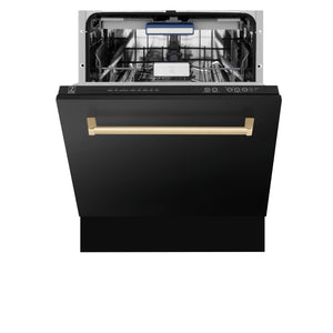 ZLINE Autograph Edition 24 in. 3rd Rack Top Control Tall Tub Dishwasher in Black Stainless Steel with Champagne Bronze Accent Handle, 51dBa (DWVZ-BS-24-CB) front, half open.