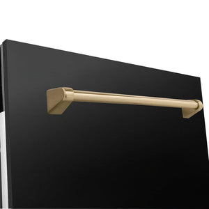 ZLINE Autograph Edition 24 in. 3rd Rack Top Control Tall Tub Dishwasher in Black Stainless Steel with Champagne Bronze Accent Handle, 51dBa (DWVZ-BS-24-CB) close-up, Champagne Bronze handle on dishwasher panel.