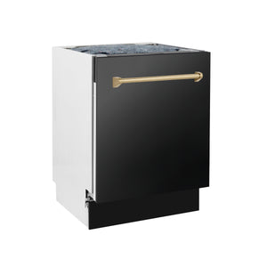 ZLINE Autograph Edition 24 in. 3rd Rack Top Control Tall Tub Dishwasher in Black Stainless Steel with Champagne Bronze Accent Handle, 51dBa (DWVZ-BS-24-CB)-Dishwashers-DWVZ-BS-24-CB ZLINE Kitchen and Bath