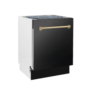 ZLINE Autograph Edition 24 in. 3rd Rack Top Control Tall Tub Dishwasher in Black Stainless Steel with Champagne Bronze Accent Handle, 51dBa (DWVZ-BS-24-CB) side, closed.