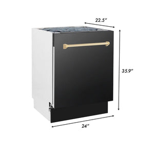 ZLINE Autograph Edition 24 in. 3rd Rack Top Control Tall Tub Dishwasher in Black Stainless Steel with Polished Gold Accent Handle, 51dBa (DWVZ-BS-24-G) dimensional diagram with measurements.