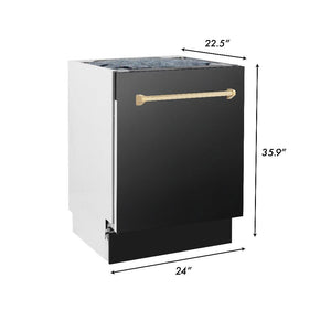 ZLINE Autograph Edition 24 in. 3rd Rack Top Control Tall Tub Dishwasher in Black Stainless Steel with Polished Gold Accent Handle, 51dBa (DWVZ-BS-24-G) dimensional diagram with measurements.